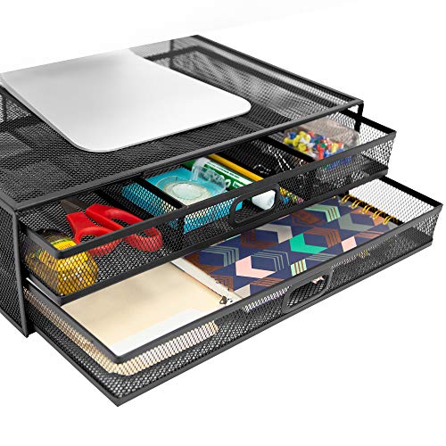 MOUNT-IT! Computer Monitor Stand With Drawers, Metal Mesh Riser and Organizer for Laptops and Computer Screens, Laptop, and Printer Accessories and Office Supplies (Black) - color: Black