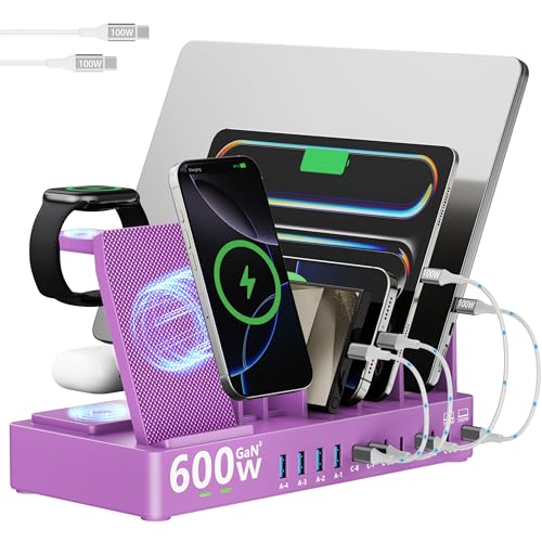 600w Charging Station for Multiple Devices, 15 in 1 Wireless Charger with 2pack 100w USB C Charger Cable, Dual 100w USB C Tablet Charging Station for MacBook,iPhone,iPad,Tablet(Purple) - color: Purple