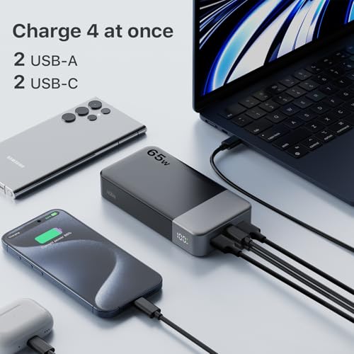 NOBIS 20000mAh Battery Pack Power Bank 65W Power Bank, Portable Charger with Digital Display, Dual USB-C/USB-A Fast Charging for Laptop, Phone, Tablet, Travel-Friendly External Battery Pack - color: Black