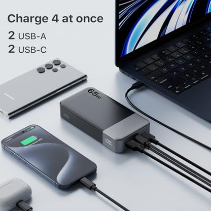 NOBIS 20000mAh Battery Pack Power Bank 65W Power Bank, Portable Charger with Digital Display, Dual USB-C/USB-A Fast Charging for Laptop, Phone, Tablet, Travel-Friendly External Battery Pack - color: Black