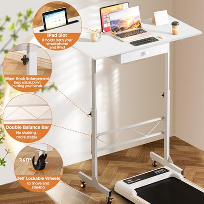 GTPLAYER Small Standing Desk Adjustable Height Small Computer Desk Mobile Portable Rolling Laptop Table with Wheels 32" Computer Workstation Sit Stand Desks Portable Standing Table Treadmill desks - color: Cf-white
