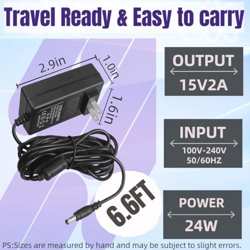 15V 2A Power Supply Charger Cable (Input AC 100V-240V, Output DC 15 Volt 2 Amp 30 Watt) Adapter Transformer Converter DC 5.5mm x 2.1mm/5.5mm x 2.5mm Extra Long 6.6FT