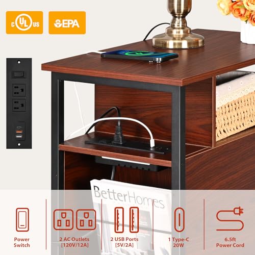 Narrow Side Tables with Charging Station, Narrow End Table with Wooden Drawers, USB Ports and Power Outlets, Nightstand and Bedside Table for Bedroom, End Tables Living Room, Espresso - color: Espresso