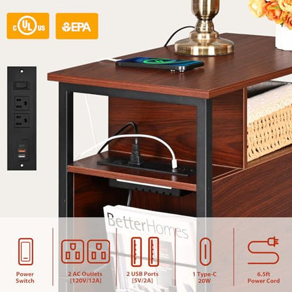 Narrow Side Tables with Charging Station, Narrow End Table with Wooden Drawers, USB Ports and Power Outlets, Nightstand and Bedside Table for Bedroom, End Tables Living Room, Espresso - color: Espresso
