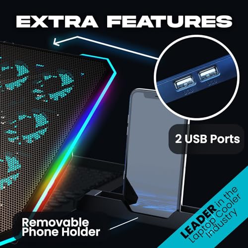 KLIM V14 Gaming Laptop Cooling Pad with 14 Fans + Gaming Laptop Cooler + Stable RGB Laptop Stand with Fan + Compatible up to 17 Inches + 2 USB Ports + Mobile Phone Holder + 5 Years Protection | Adjustable tilt angle - integrated mobile phone holder - 5 ye