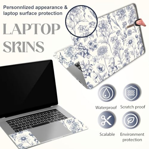 SUPERDANT 3pcs Blue Floral Laptop Skin Sticker Set 15.6x10.6 in Removable Notebook Decal Cover for 12-15.6 Inch Laptops and Multiple Device Decoration Blue Flowers Plants