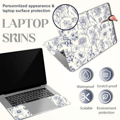 SUPERDANT 3pcs Blue Floral Laptop Skin Sticker Set 15.6x10.6 in Removable Notebook Decal Cover for 12-15.6 Inch Laptops and Multiple Device Decoration Blue Flowers Plants