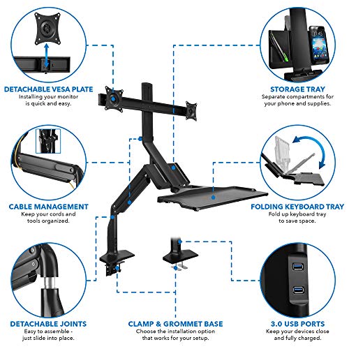 Mount-It! Dual Monitor Arm Desk Mount Sit-Stand Workstation with 2 USB 3.0 Ports, Height Adjustable 23.1–42.9”, Fits Two 17–27” Screens, 13.2 lbs Each, VESA 75x75 100x100, Clamp or Grommet