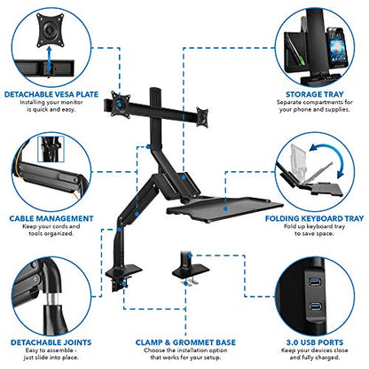 Mount-It! Dual Monitor Arm Desk Mount Sit-Stand Workstation with 2 USB 3.0 Ports, Height Adjustable 23.1–42.9”, Fits Two 17–27” Screens, 13.2 lbs Each, VESA 75x75 100x100, Clamp or Grommet
