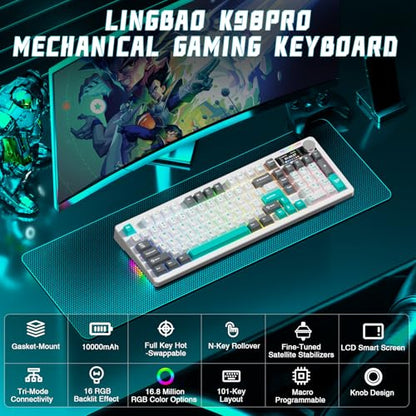 LINGBAO K98 PRO 96% Wireless Mechanical Gaming Keyboard with Screen & Knob | Tri-Mode BT5.0/2.4G/USB-C, Gasket Mount Hot Swappable Linear Switches, RGB Backlit Creamy Sounding for PC/Mac Office& Gaming - color: K98Pro | 10000mAh | White Blue Grey