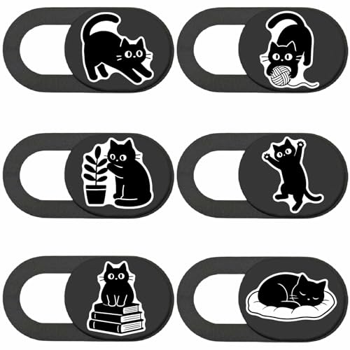 6Pcs 6 Styles Cat Camera Cover Slide Cute Privacy Guard Accessories, 0.04 Inch Ultra Thin Webcam Cover Protector Blocker for Laptop Desktop Computer Tablet Notebook Mini PC Home Office Use - color: Black Cat