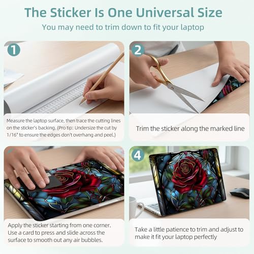 Universal Laptop Skin Decal, 3-Piece Vinyl Protector for 12 13 14 15.6" Notebook, Waterproof Anti-Scratch, Easy Trim & Bubble-Free Finish, Stained Glass Red Rose - color: Stained Glass Red Rose