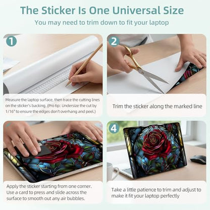 Universal Laptop Skin Decal, 3-Piece Vinyl Protector for 12 13 14 15.6" Notebook, Waterproof Anti-Scratch, Easy Trim & Bubble-Free Finish, Stained Glass Red Rose - color: Stained Glass Red Rose