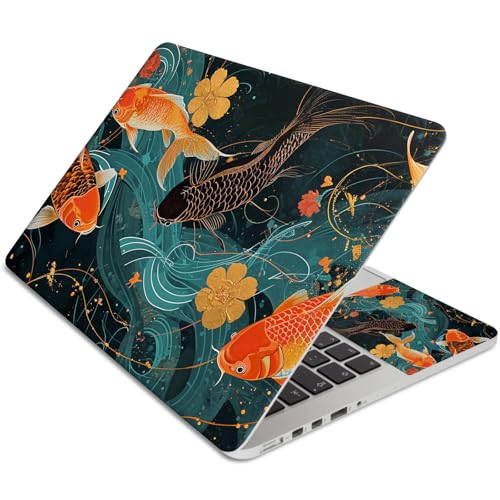 15.6 Inch Laptop Skin Sticker, Reusable Vinyl Cover Protector with 2 Wrist Pad Skins, Removable Waterproof Scratch-Resistant for 12-15.6 Inch Laptop Notebook,Gold and Black Fish - color: Gold And Black Fish