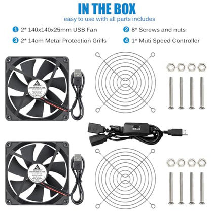 GDSTIME Dual 140mm USB Fan with Speed Control, 5V Powered DC Cooling Cooler | Low Noise, High Airflow, Brushless Computer Fans, for Receiver DVR PlayStation Xbox Computer Cabinet Cooling - size: 140x25mm