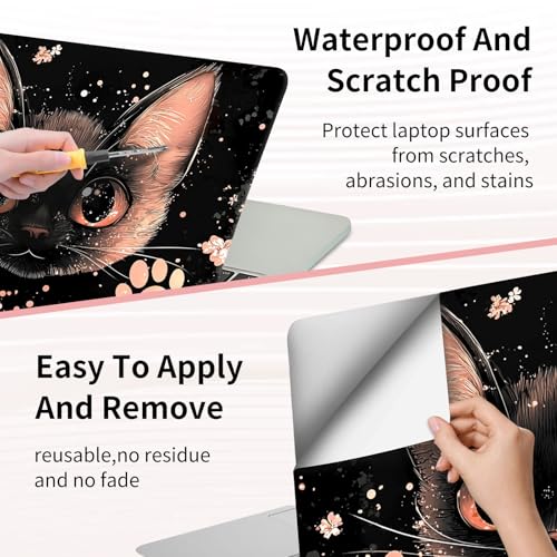 Laptop Skin Sticker 3-Piece Set,Cute Pink and Black Cat | Trim-to-fit 3-piece vinyl set with one 15 x 10.6 in lid skin and two palm-rest decals for many 12-15.6 in laptops - color: Cute Pink And Black Cat