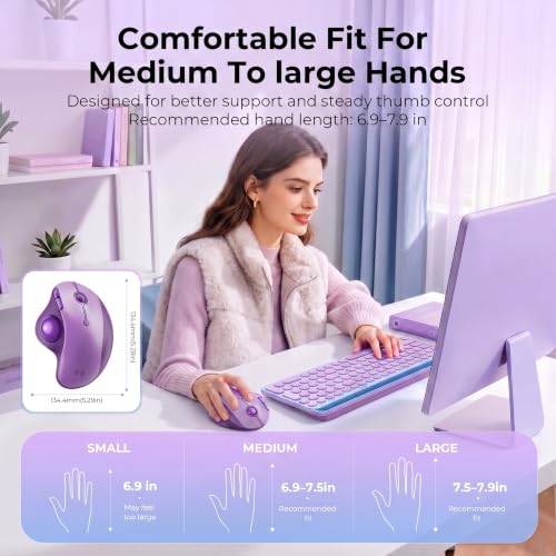seenda Wireless Trackball Mouse, Ergonomic Bluetooth Rollerball Mice,Purple | USB-C rechargeable, 3-device Bluetooth+2.4G USB, thumb control, 5-level DPI and space-saving comfort for laptop, PC and Mac. - color: Purple