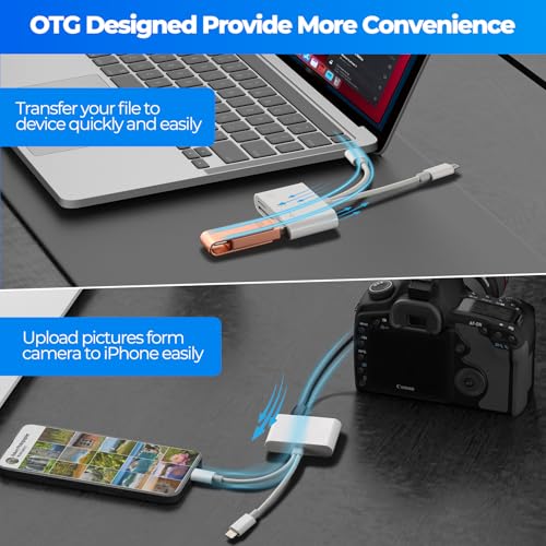 SD Card Reader for iPhone Android, Memory Card Reader Built-in Dual iOS & USB C Connector Card Reader with USB-A/SD/MicroSD 3 Slots, No Application Required Plug and Play