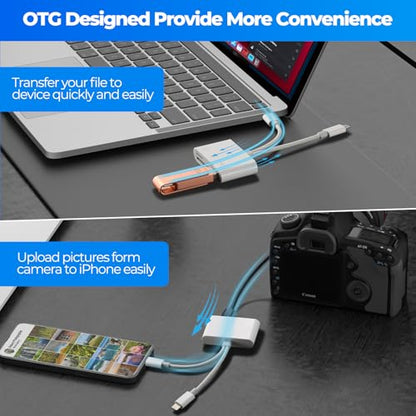 SD Card Reader for iPhone Android, Memory Card Reader Built-in Dual iOS & USB C Connector Card Reader with USB-A/SD/MicroSD 3 Slots, No Application Required Plug and Play