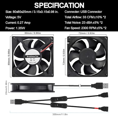 2pcs Quiet 80mm USB Fan 5V 8025 80x25mm Portable Cooling Fan with ON/Off Switch for PC Computer Case Receiver DVR PlayStation TV Box CPU Coolers Radiators