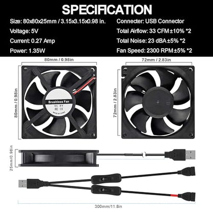 2pcs Quiet 80mm USB Fan 5V 8025 80x25mm Portable Cooling Fan with ON/Off Switch for PC Computer Case Receiver DVR PlayStation TV Box CPU Coolers Radiators