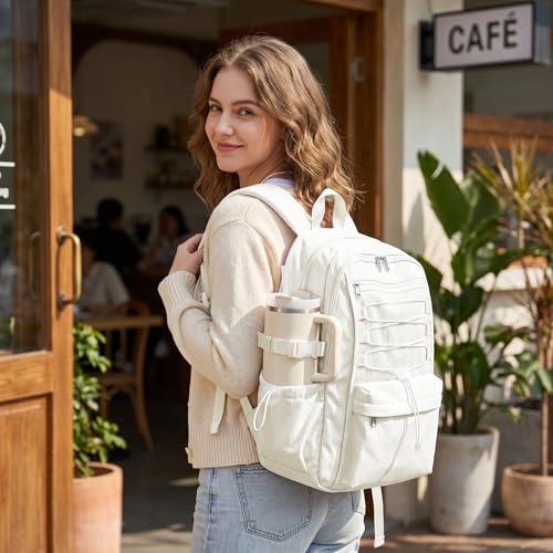 suwasp College Backpack for Women, Waterproof Laptop Backpack Fits 15.6 Inch Laptop, School Bookbag with Water Bottle Pocket, Anti Theft Work Backpack for College, Travel, Commuter - color: Milky White