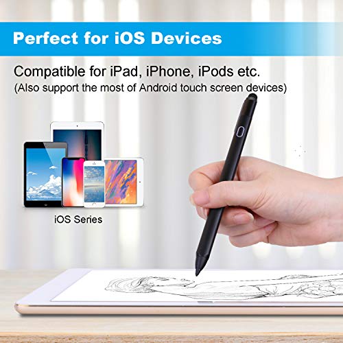 Mixoo Active Stylus Pen for iPad - Rechargeable 1.6mm Fine Tip and Fiber Tip 2-in-1 High Sensitivity Smart Pencil Digital Pen for Drawing and Writing, Compatible with Apple iPad, iPhone Series - Black
