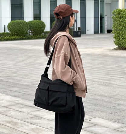 High Density Canvas Messenger Bag for Men/Women, 15” Large Crossbody Shoulder Bag Tote Bag for College/Travel/Work Daily Use | High Density Canvas - color: Black
