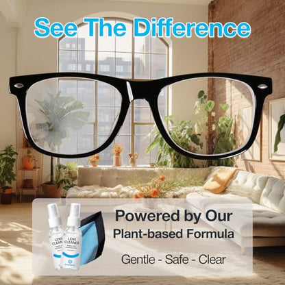 SmoTecQ Glasses Cleaner Kit – Alcohol-Free, Plant-Based Spray + Ultra-Soft Microfiber Cloths for Eyeglasses, Screens & Cameras – 2 x 2oz Spray Bottles + 2 Cloths + Travel Pouch Set