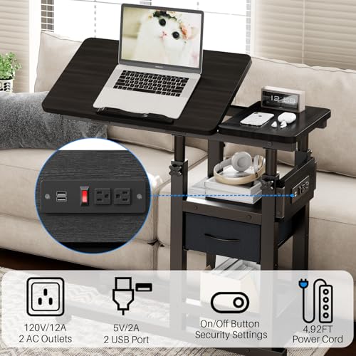 DAPOTUG Adjustable Overbed Bedside Table with Wheels, Charging Station | Tilting Top, Adjustable Side Table, 2-Tier Storage with Drawer, Over Bed Table, C-Shaped End Table for Beds, Couch - color: Black