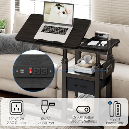 DAPOTUG Adjustable Overbed Bedside Table with Wheels, Charging Station | Tilting Top, Adjustable Side Table, 2-Tier Storage with Drawer, Over Bed Table, C-Shaped End Table for Beds, Couch - color: Black