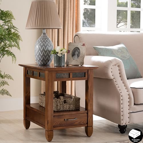 Leick Home 10907 Slatestone One Drawer Rustic Oak End Table, Distressed Rustic Oak - color: Rustic Oak