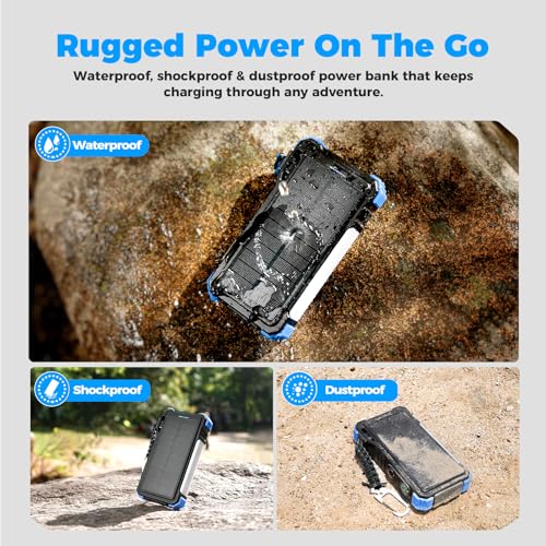 BLAVOR Solar Power Bank 20000mAh Built-in Cables, Wireless Charger for Phones & Apple Watch, 20W Fast Charging Battery Pack with USB C, Flashlight, Solar Charger for iPhone, iPad, iWatch, Samsung - color: Blue