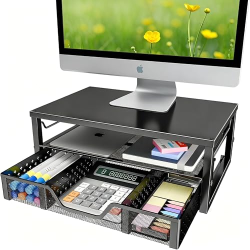 Simple Trending 2-Tier Monitor Stand Riser, Laptop & Printer Stand, Black | Metal Desk Organizer with Drawer, Desktop Organizer, Ergonomic Design, for Home Office, 16.34"W x 10.35"D x 3.5"H - size: 16.34"W x 10.35"D x 3.5"H