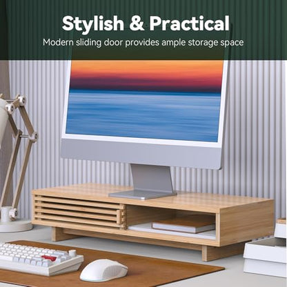 25" Monitor Stand with Sliding Doors Desk Shelf Bamboo | Computer Monitor Riser Shelf for 47-55 Inch Desk Aesthetic Workplace Computer Setup Desktop Organizer Easy Assembly