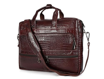 16" Crocodile Embossed Leather Laptop Briefcase, 5 Zipper Pockets, 2 Spacious Compartments, 16x12x4 inches. - color: Dark Brown