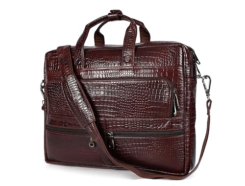 16" Crocodile Embossed Leather Laptop Briefcase, 5 Zipper Pockets, 2 Spacious Compartments, 16x12x4 inches. - color: Dark Brown
