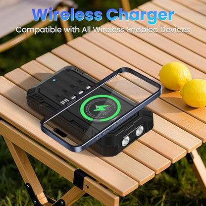 Solar Power Bank 49800mAh - Wireless Portable Charger 15W Fast Charging with 4 Built-in Cables. Equipped with a Powerful Flashlight, IP65 Outdoor Waterproof Power Bank Perfect for Camping (Black) - color: Black