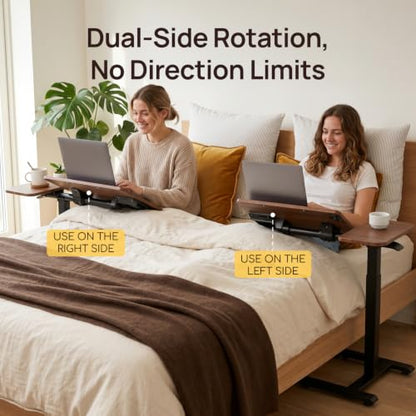 Overbed Table with Wheels, Height Adjustable Hospital Bed Table, Dual-Tiltable Rolling Laptop Desk for Bed, Hidden Casters H-Base Portable Side Table for Couch, Hospital & Home Office - color: Brown