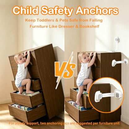 No Drill Furniture Anchors for Baby Proofing, Anti Tip Wall Straps 2 Packs | Dual-Detach Design Large 3M Adhesive Pads Damage-Free Installation 7" Adjustable Strap Fits Dressers, Bookcases & Cabinets - size: 2 Pack