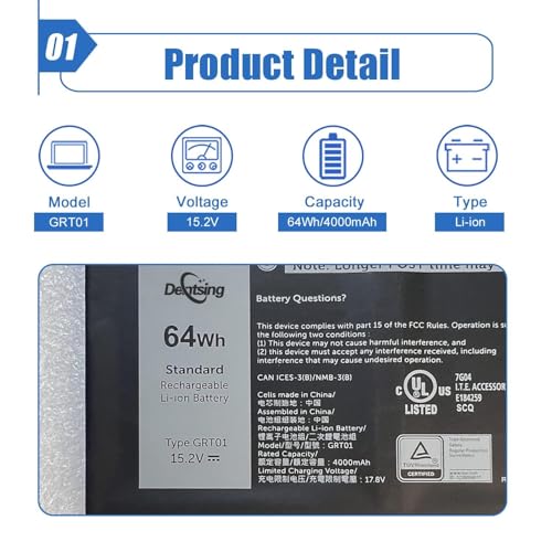 GRT01 64Wh Laptop Battery Replacement for Dell Latitude 14 5421 5431 15 5521 5531 Precision 3470 3561 3571 Alienware m17 R5 AMD Series R05P0 00P3TJ 0P3TJ VXD57 05RGW 15.2V 4-Cell - size: 9.20*3.52*0.29 inch GRT01