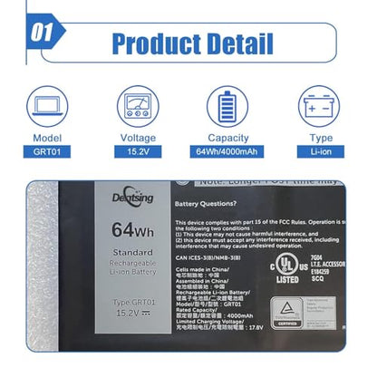 GRT01 64Wh Laptop Battery Replacement for Dell Latitude 14 5421 5431 15 5521 5531 Precision 3470 3561 3571 Alienware m17 R5 AMD Series R05P0 00P3TJ 0P3TJ VXD57 05RGW 15.2V 4-Cell - size: 9.20*3.52*0.29 inch GRT01