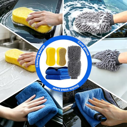 6-Pack Car Cleaning Kit – Microfiber Cloth, Mitt & Sponge Set | 2 Car Sponges, 2 Drying Towels, 2 Scratch-Free Wash Mitts, Highly Absorbent, for Car Detailing, Windows & Home Use - color: 6 Pack