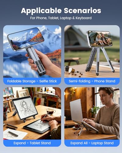 LENTION Laptop Stand, Magnetic Foldable 8-Level Adjustable MagSafe Riser | Ergonomic Portable Handhold Aluminum Tripod Holder; Fits 10-16 Inch Laptops, Phones & Tablets for Home, Office & Travel Use