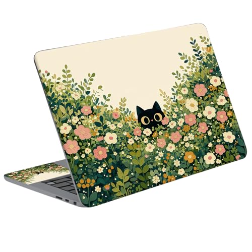 Universal Laptop Skin Sticker Decal with 2 Wrist Pad Skins, Waterproof Scratch Vinyl Cover for 11–15.6 Inch MacBook, HP, Dell, Lenovo, Cutable & Reusable,Black Cat Hiding Flowers - color: Black Cat Hiding Flowers