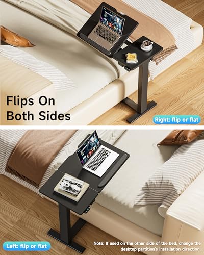 BIZUM Small Electric Standing Desk, Overbed Table Wireless Tilt Top with Hidden Wheels, 27.6×15.8 Inch Adjustable Rolling Laptop Desk, USB-C Rechargeable Battery, Black - color: Black