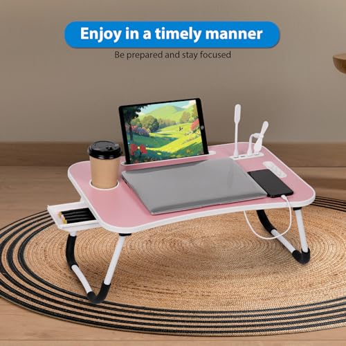 Lap Desk - Foldable Lap Desk with Storage Drawer, Cup Holder & Tablet Slot & DC USB Ports, Versatile Bed Desk, Bed Tray(23.6" L x 15.7" W x 10.6" H,White) - color: White