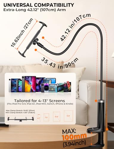 42" Long Arm Tablet Holder for Bed with 360° Rotating Base: Flexible Gooseneck Stand Compatible with iPad Pro Air Mini | Kindle | Switch & Other 4–13" Devices - color: Black
