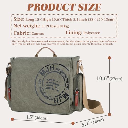 FSD.WG Satchel Messenger Bag for Men Canvas,Travel Shoulder bag 13.5" Laptop Bags - color: Green