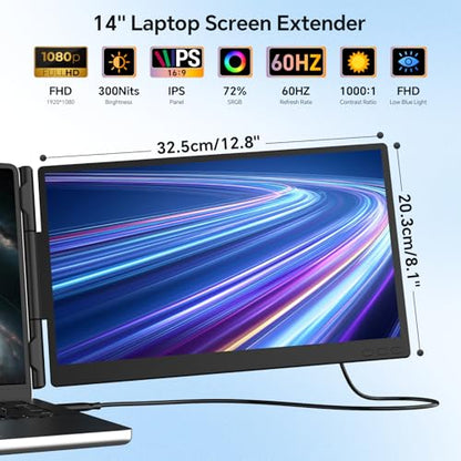 14" Laptop Screen Extender, 1080P FHD Dual Portable Monitor for Laptop with Speaker, USB-C/HDMI Plug & Play, Extended Screen for Mac/Windows/Chrome, Fit 13-17.3" Laptops - size: 14" Dual Monitor
